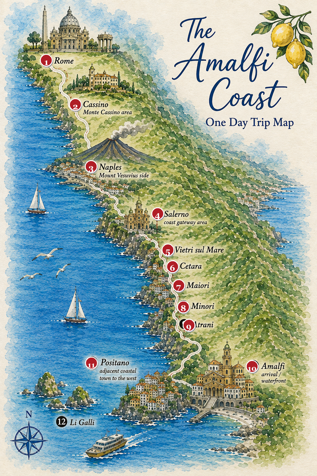 The Amalfi Coast one day trip map